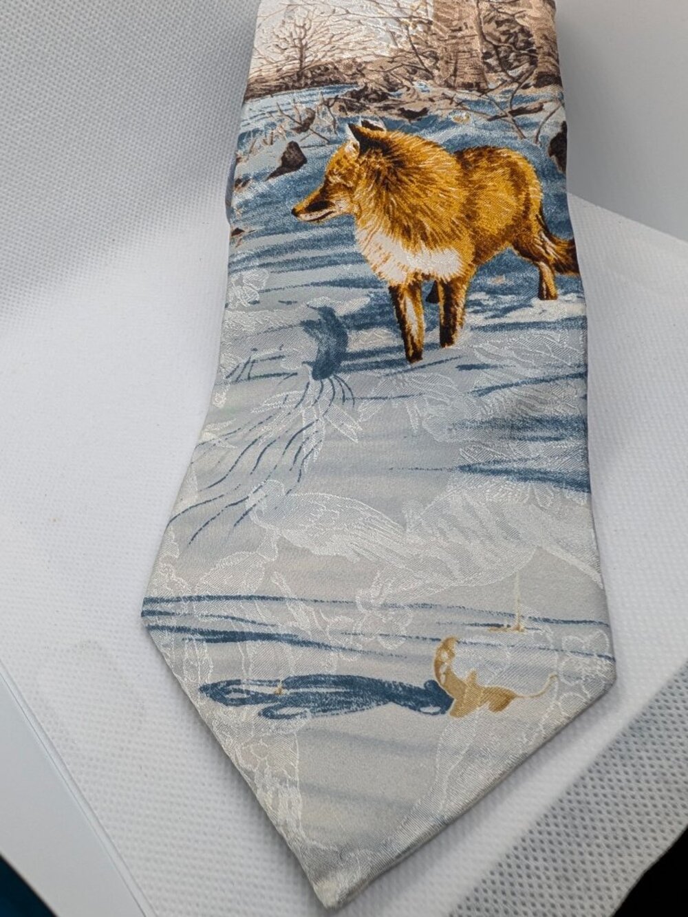 Vintage Endangered Species Fox Neck Tie 100% Silk 58" x 4" Wide Made in USA